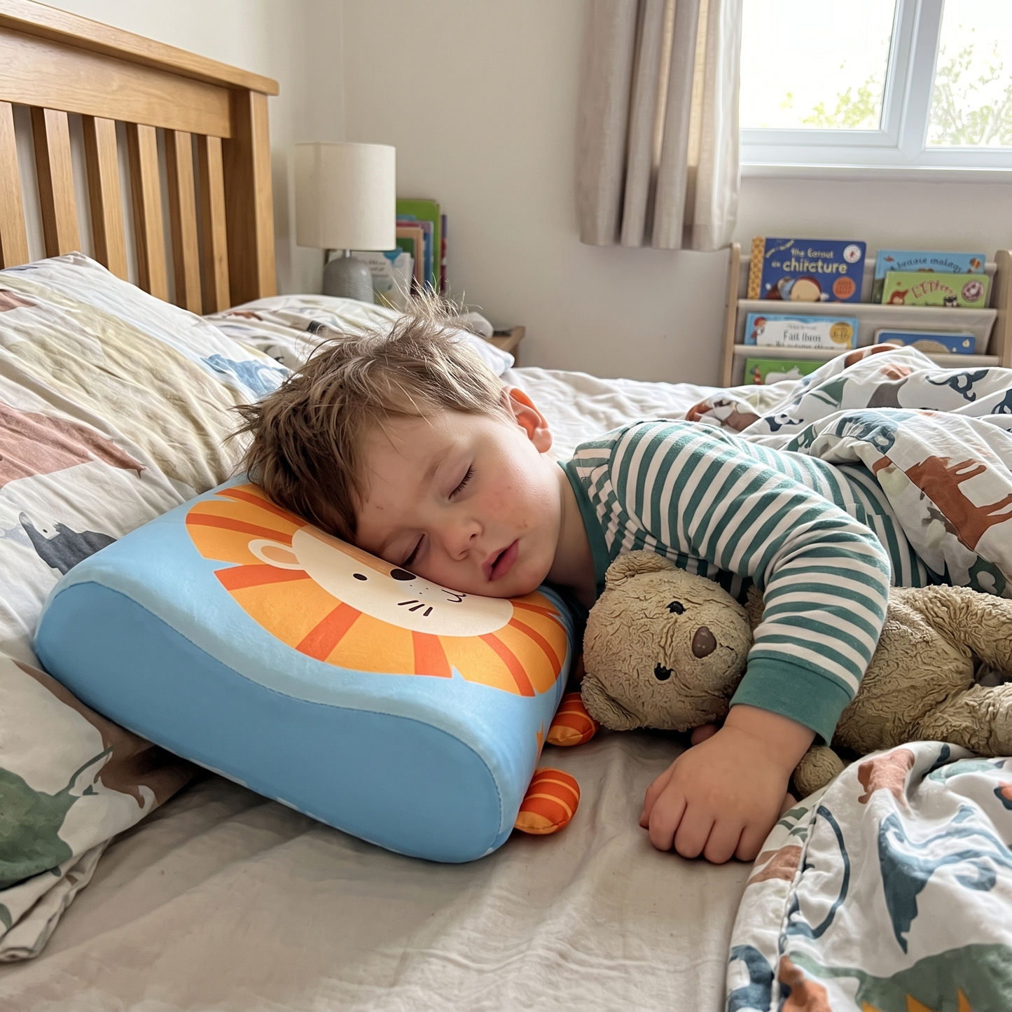 Kind slaapt op het Doezel kinderkussen met leeuwmotief