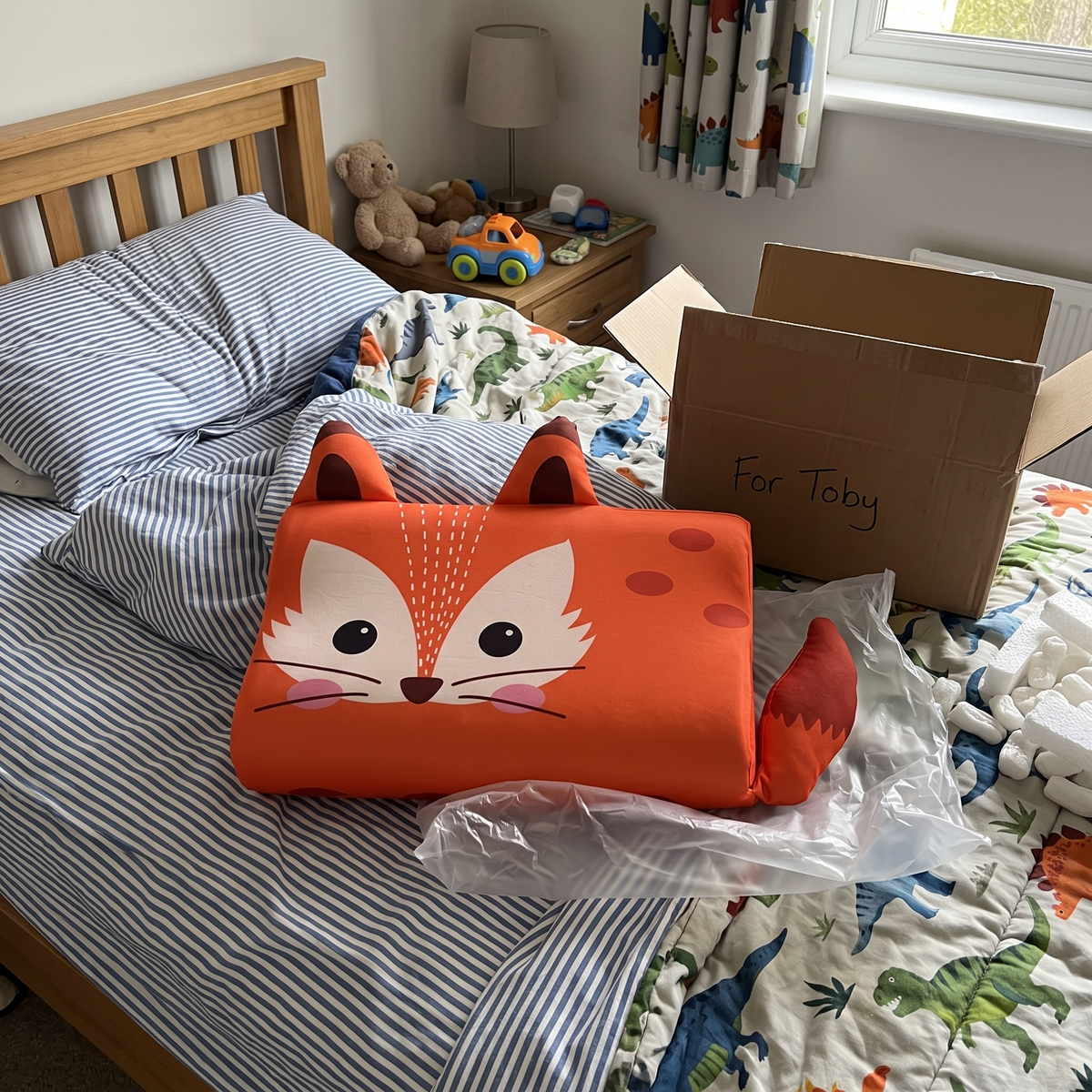 Doezel kinderkussen met vosmotief op een kinderbed